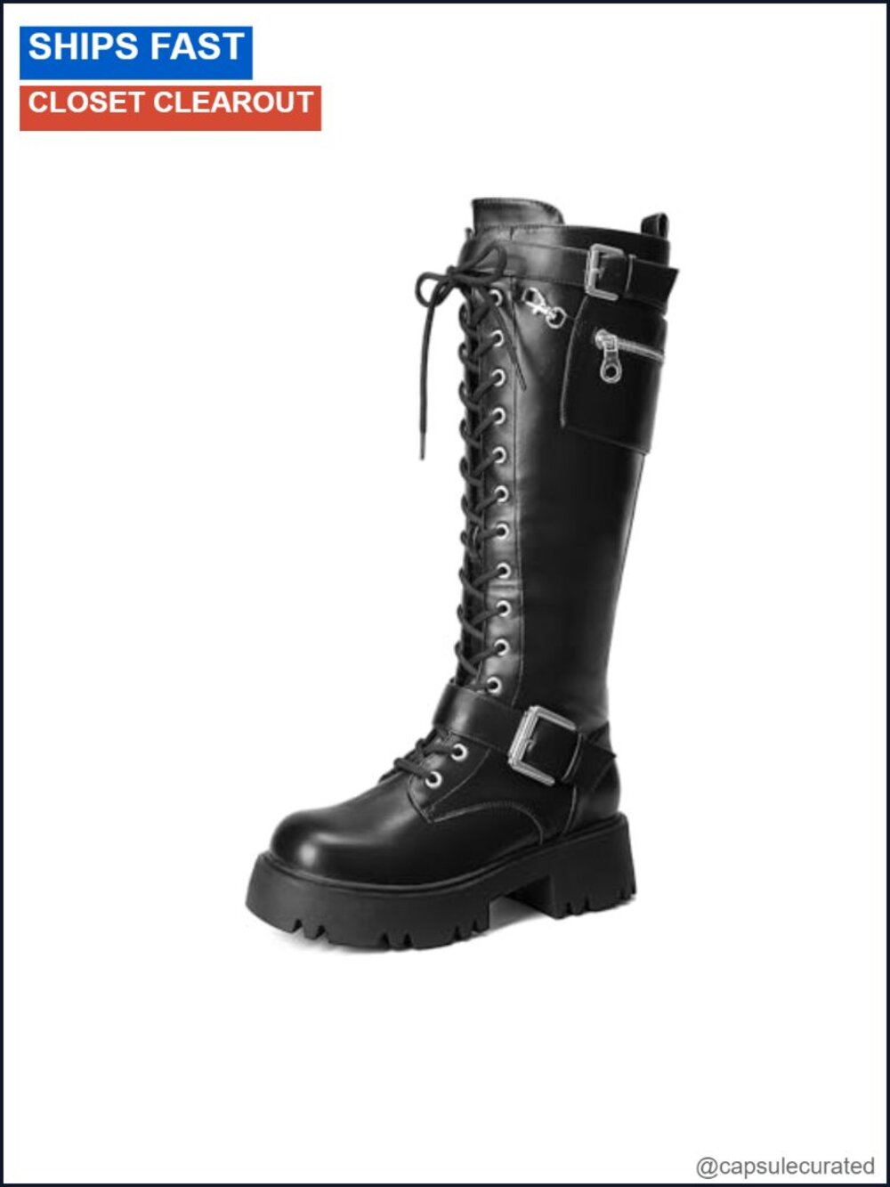 Women's Knee High Combat Boots Platform Heels Lace Up Zipper Gothic